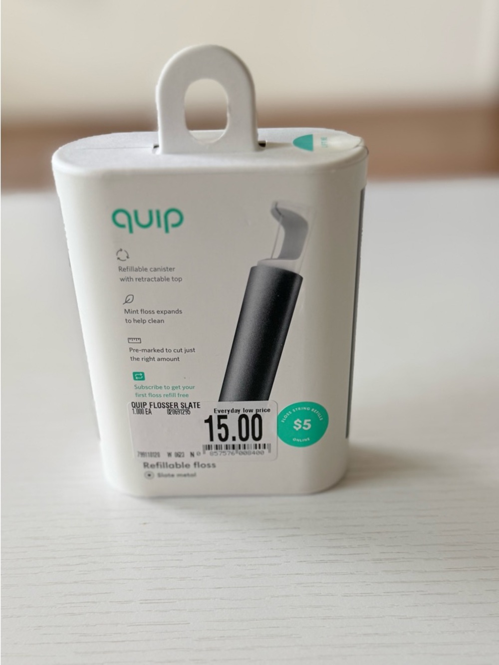 Quip Refillable Floss Canister in White with Teal Logo